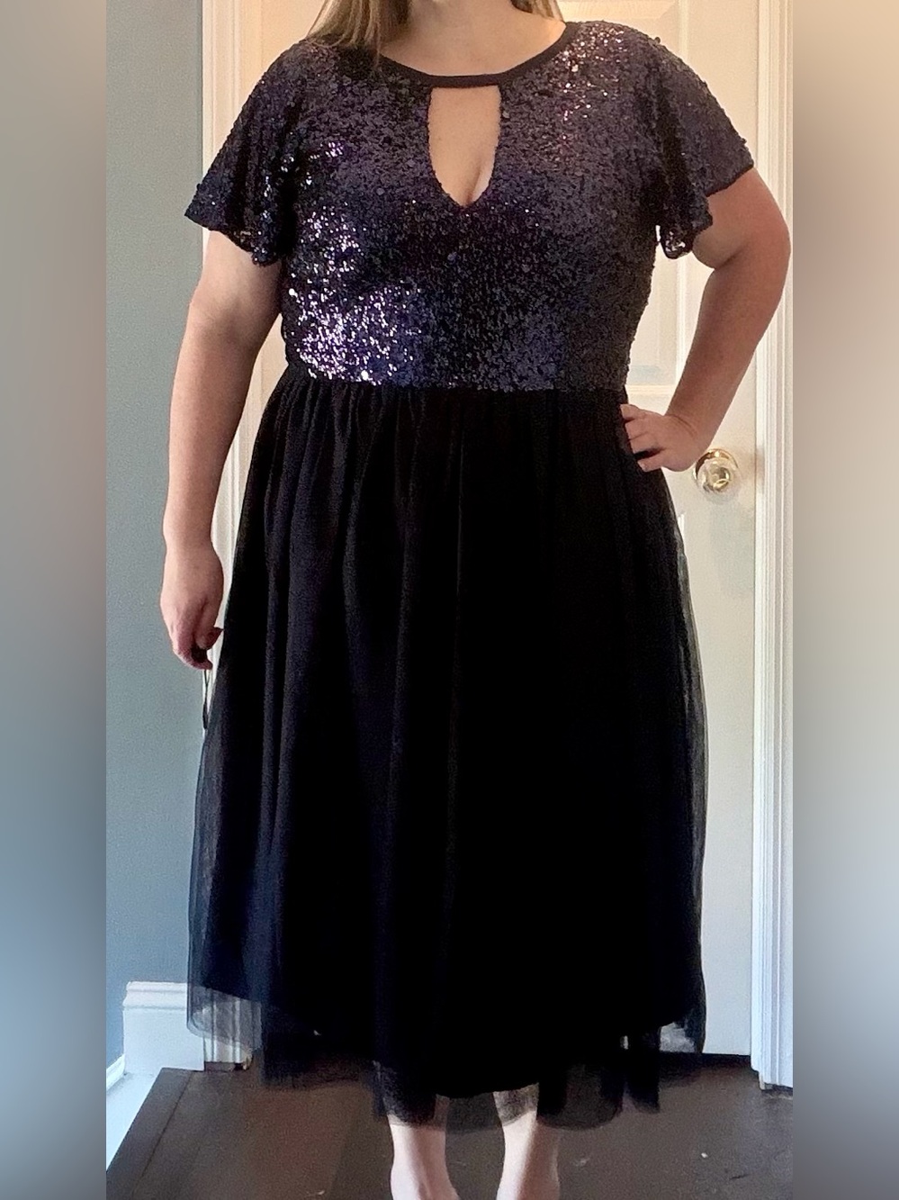 City Chic Sequin Evening Dress in Navy Blue